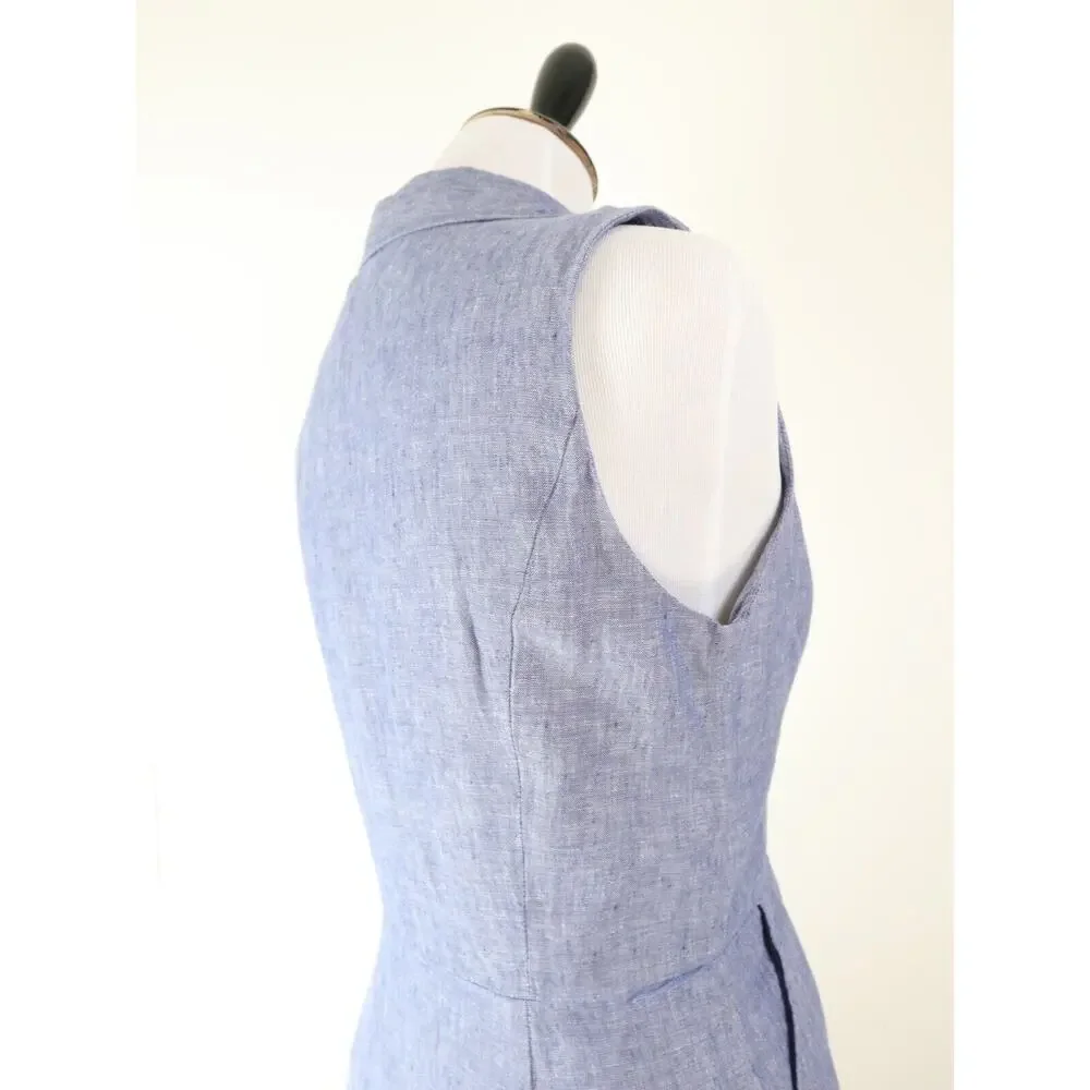 Tahari Size 4 Linen Sleeveless Shirt Dress Collared Embroidered Blue - Picture 5 of 12